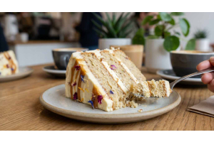 A close-up of a multi-layered celebration cake on a café table, illustrating that EBT covers fresh bakery items like custom cakes despite 2026 SNAP rule changes.