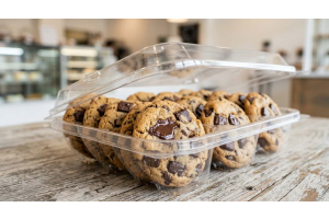 Grab and go bakery packaging featuring thick chocolate chip cookies in a crystal-clear multi-compartment PET clamshell on a rustic wooden bakery counter.