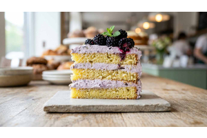 A high-quality close-up of a layered lemon lavender spring cake slice on a rustic stone plate, capturing moist textures and professional bakery presentation to drive spring bakery sales.