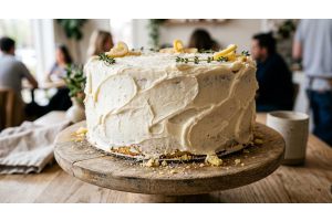 Professional two-layer round cake with thick white buttercream frosting, demonstrating why finished cake dimensions are wider than pan sizes for container fit.