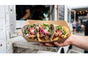 Hand receiving three street tacos with pickled red onions and cilantro in a kraft paper tray passed through a food truck service window at an outdoor market
