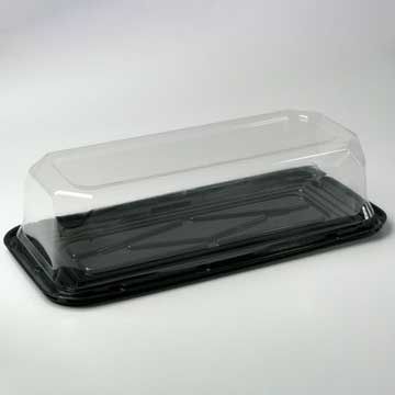 LOG CAKE/DELI CONTAINER - 14 x 7 - LONG RECTANGULAR BLACK BASE - 3 1/2  TALL - 100/CASE - Wow Plastics, Inc.