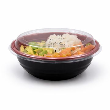 24 oz Small Red & Black Bowl with Clear Lid - 300/Case