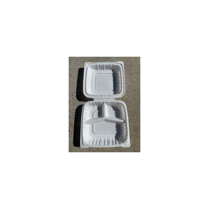 9" White 3 Compartment Hinged Clamshell Takeout Containers - 150/Case, Z-PCC-CS-P93