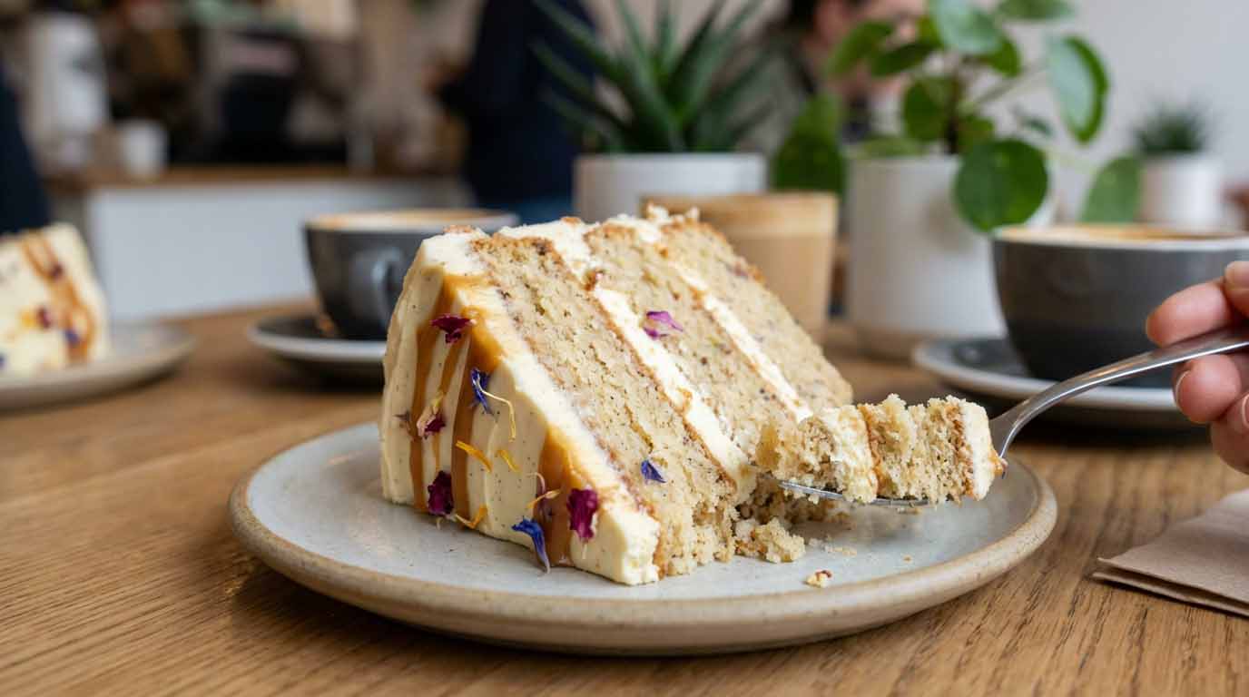 A close-up of a multi-layered celebration cake on a café table, illustrating that EBT covers fresh bakery items like custom cakes despite 2026 SNAP rule changes.