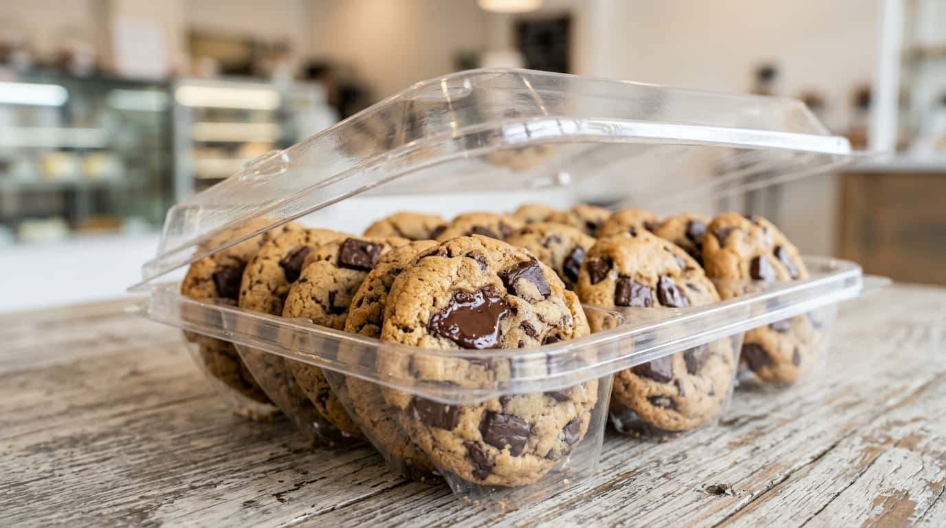 Grab and go bakery packaging featuring thick chocolate chip cookies in a crystal-clear multi-compartment PET clamshell on a rustic wooden bakery counter.