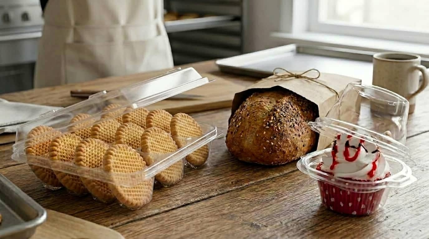 A curated kit of core bakery packaging types including PET clamshells, kraft bread bags, and cupcake dome containers for professional food service.