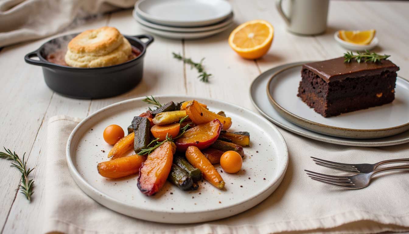 Winter 2025 menu hero image showing the next food craze: roasted root vegetables with chili-maple glaze, a gochujang pot pie with golden biscuit top, and a rich dark chocolate cake slice on a pale wooden table with rosemary and citrus accents