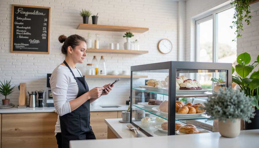 Bakery owner checking her phone beside a glass display of fresh croissants and pastries in a bright, modern bakery with white brick walls, natural light, and plants.