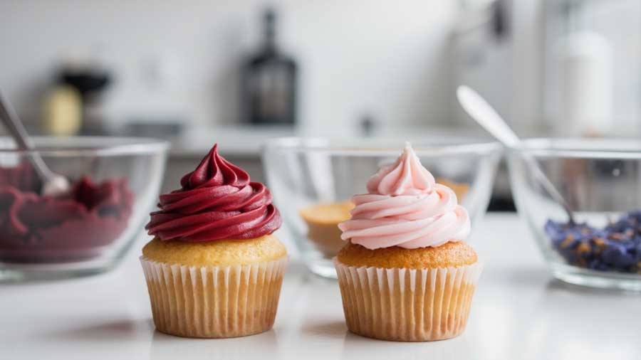 Two vanilla cupcakes side by side on a white counter — one topped with rich red frosting made using artificial dye, and the other with soft pink natural frosting — with glass mixing bowls blurred in the background. Represents the contrast between syntheti