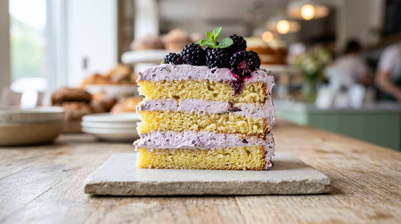 A high-quality close-up of a layered lemon lavender spring cake slice on a rustic stone plate, capturing moist textures and professional bakery presentation to drive spring bakery sales.