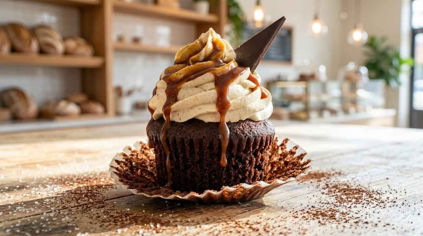 A decadent artisan espresso cupcake with salted caramel drizzle and a dark chocolate shard on a rustic wood surface, representing a high-margin example of the best selling items in a bakery.