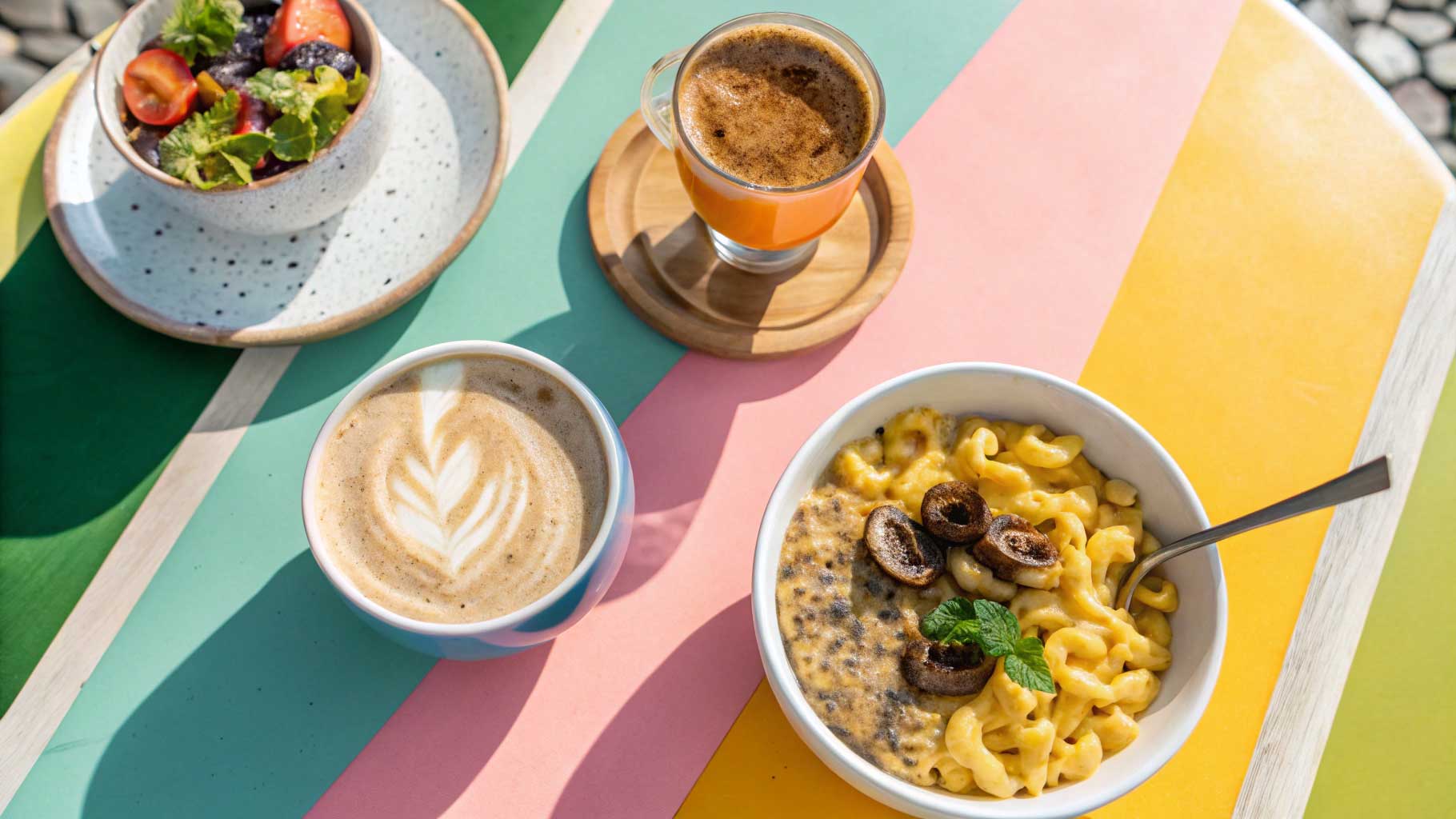 overhead-view-of a vibrant colorful table set with functional foods