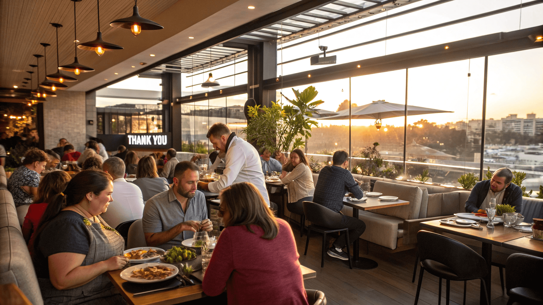 A busy restaurant showing happy returning customers/customer retention