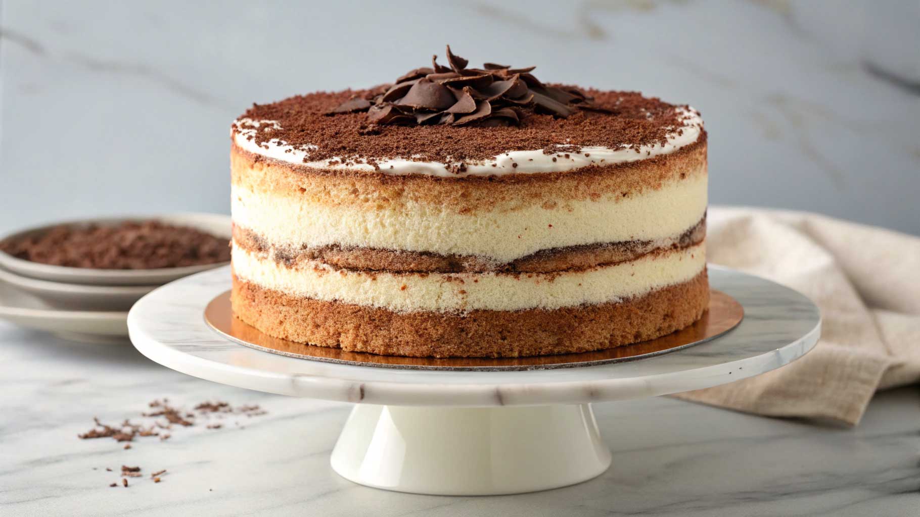 a photorealistic- bakery perfect round three-layer tirimisu cake