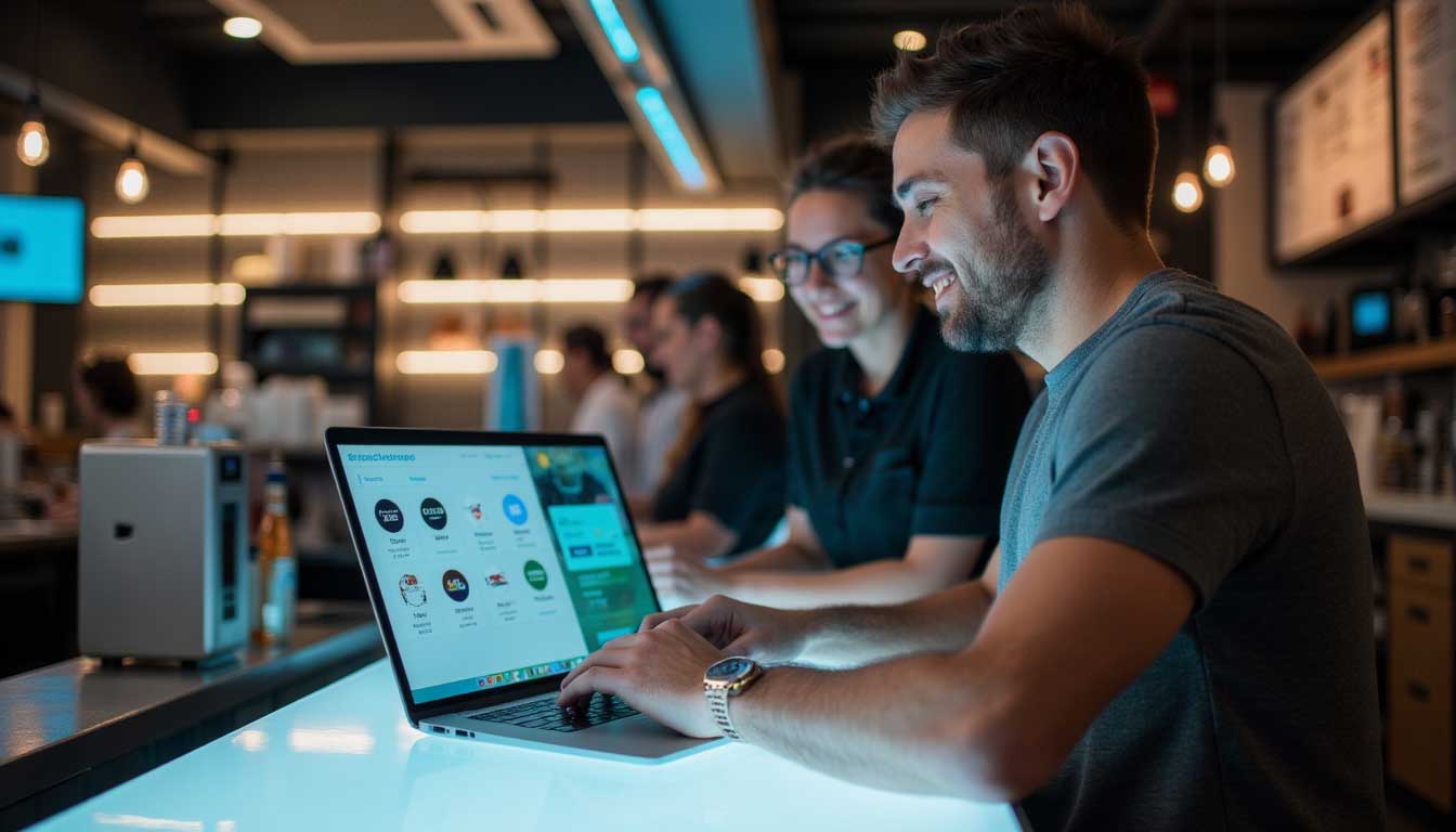 Restaurant owner smiling while using ChatGPT for food ordering on a laptop in a bright, modern café, symbolizing AI-powered restaurant technology and digital delivery trends.