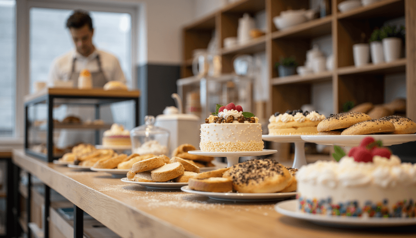 Small bakery owner displaying cakes and pastries on counter while managing business finances and 2026 tax planning
