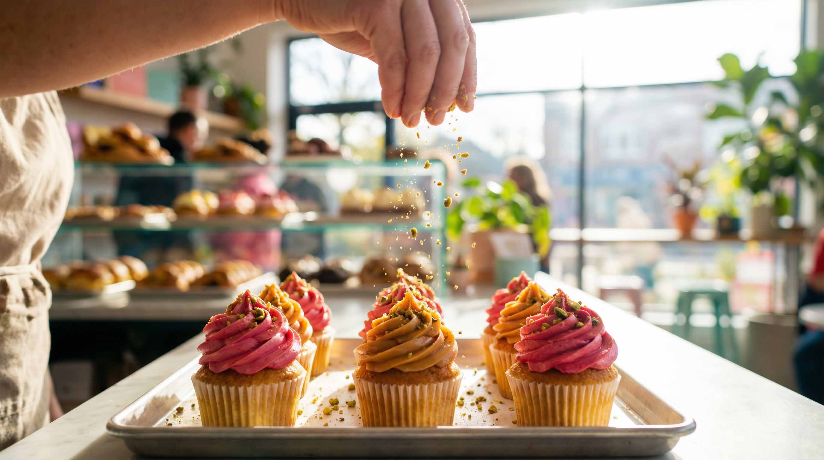Baker adding finishing touches to gourmet cupcakes with pink and caramel frosting in a sunlit shop, illustrating high-quality curated bakery menu items.
