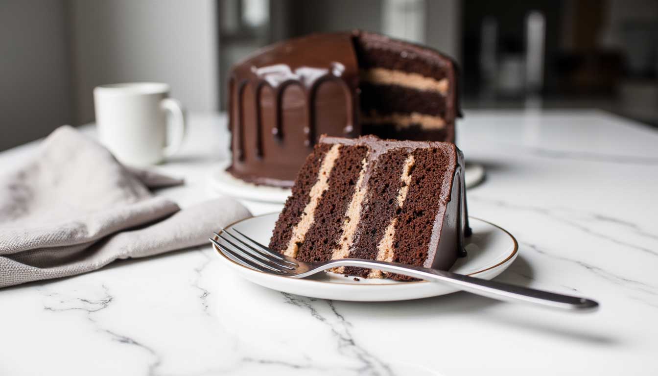 Three-layer chocolate truffle cake with glossy ganache glaze, sliced to reveal rich truffle filling on a bright white marble countertop with a fork, beige linen napkin, and white coffee mug — professional bakery presentation for foodservice and bakery pro