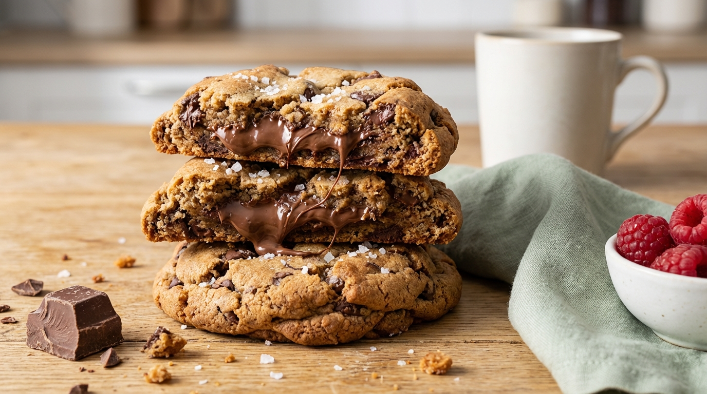 A stack of professional-grade, oversized chocolate chip cookies with molten centers and flaky sea salt on a rustic wood table, representing high-capacity artisan products ready to scale for a growing bakery business.