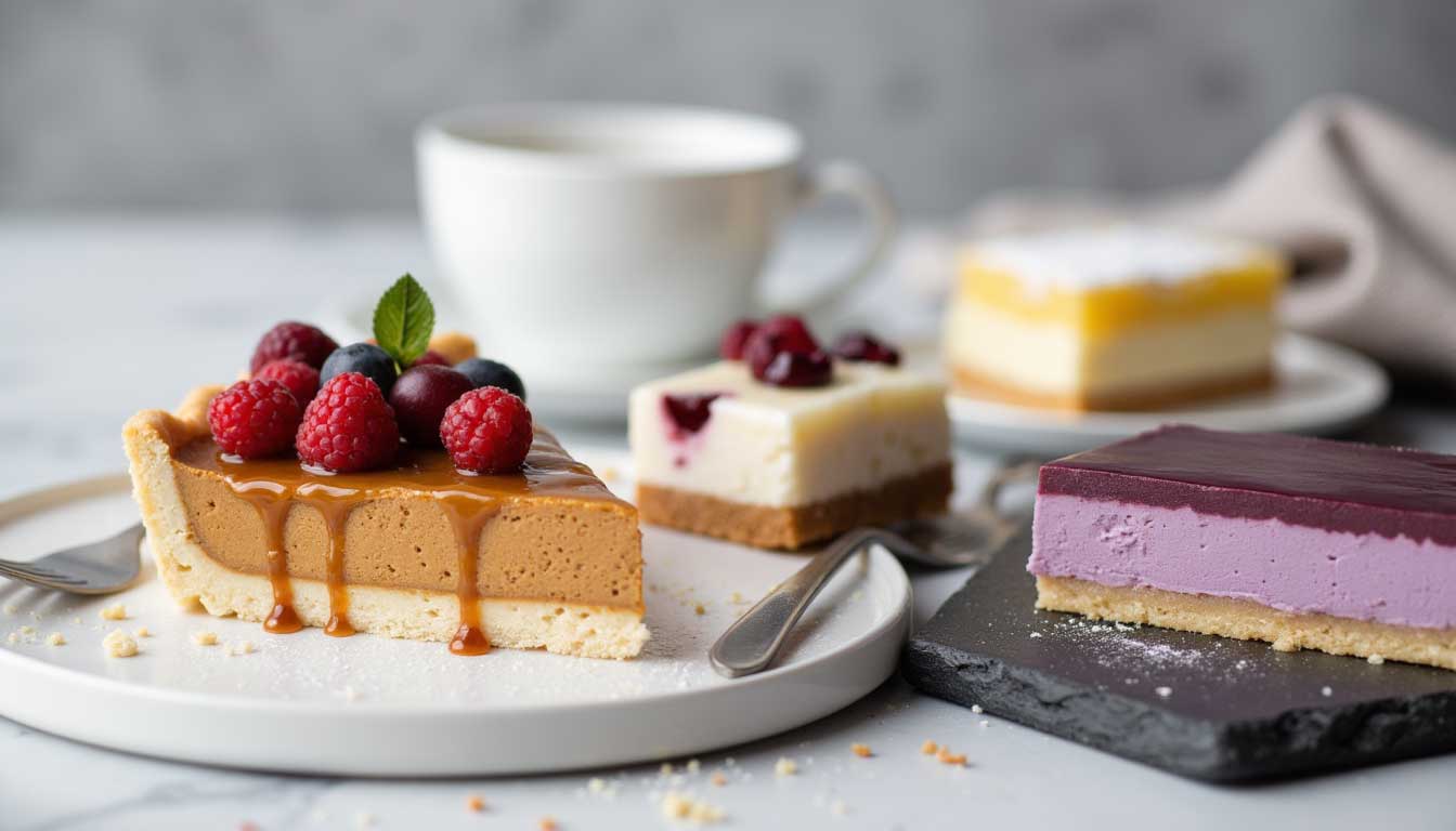 A selection of seasonal desserts displayed on a marble table — a caramel tart topped with fresh berries, a berry mousse slice, and layered cheesecake squares beside a white coffee cup. Perfect visual for a seasonal dessert menu campaign, highlighting limi