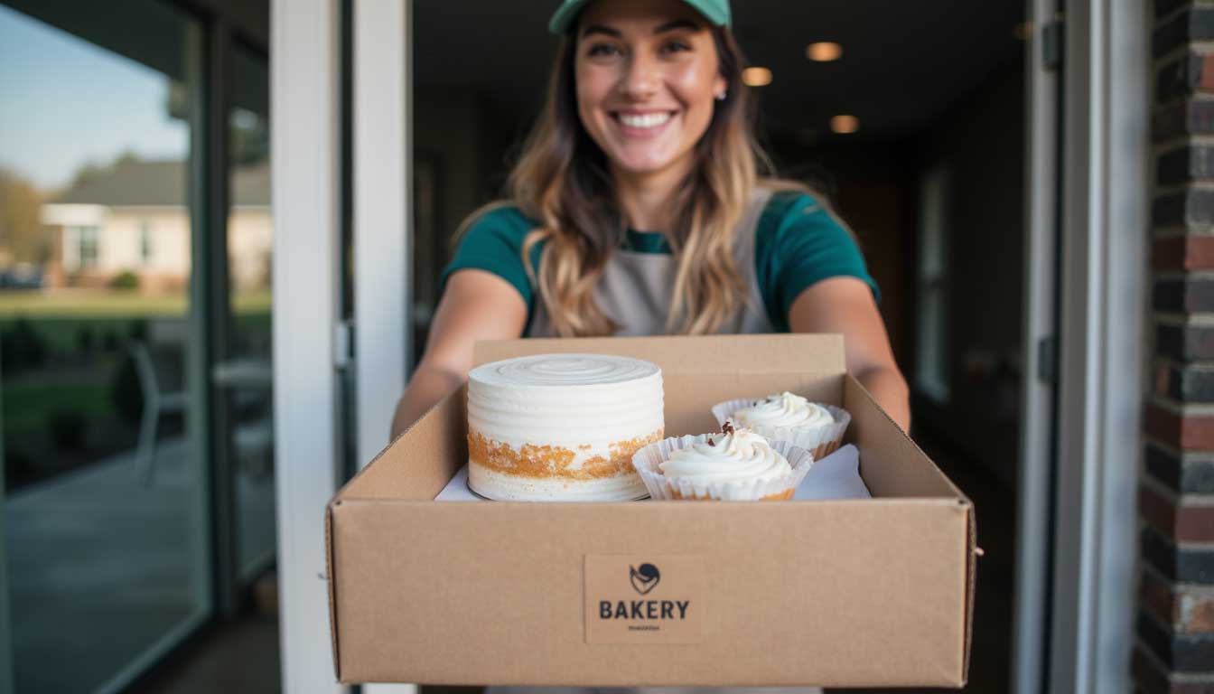 A smiling delivery driver standing at a doorway hands over a branded bakery box containing a small cake and two cupcakes, showcasing professional bakery delivery packaging that keeps desserts neat and presentable during transport
