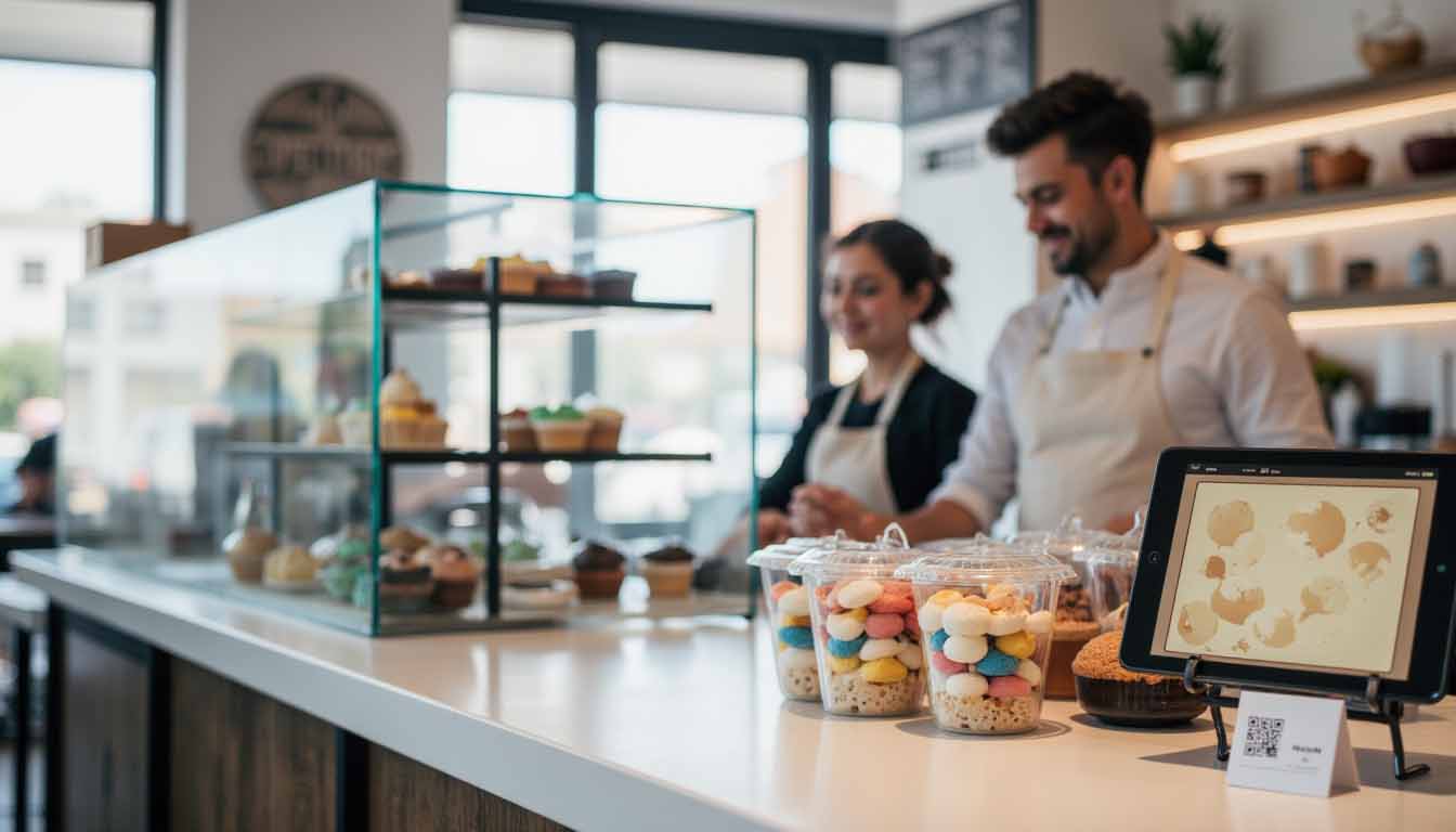 Bright modern bakery counter with colorful pastries in clear plastic containers, two smiling bakers behind the display case, and a tablet next to a QR code card used for email sign-ups.