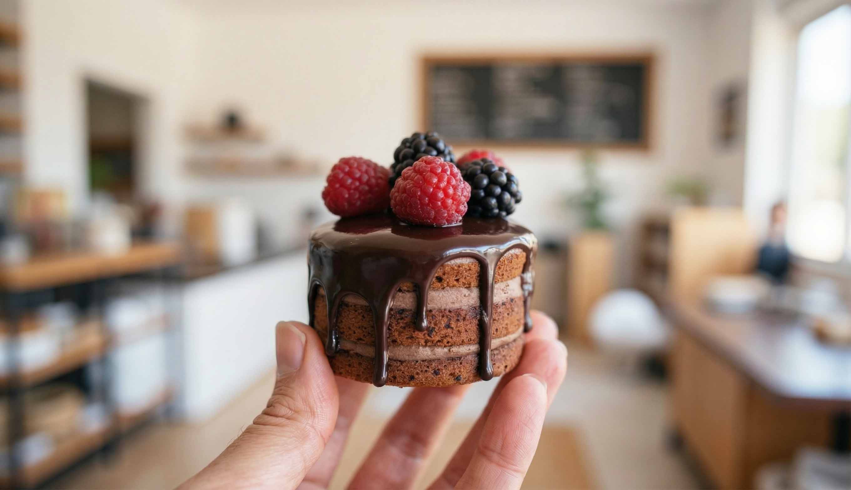 Hand holding a decadent high-protein mini chocolate cake topped with fresh berries, illustrating premium portion-controlled desserts for GLP-1 users.