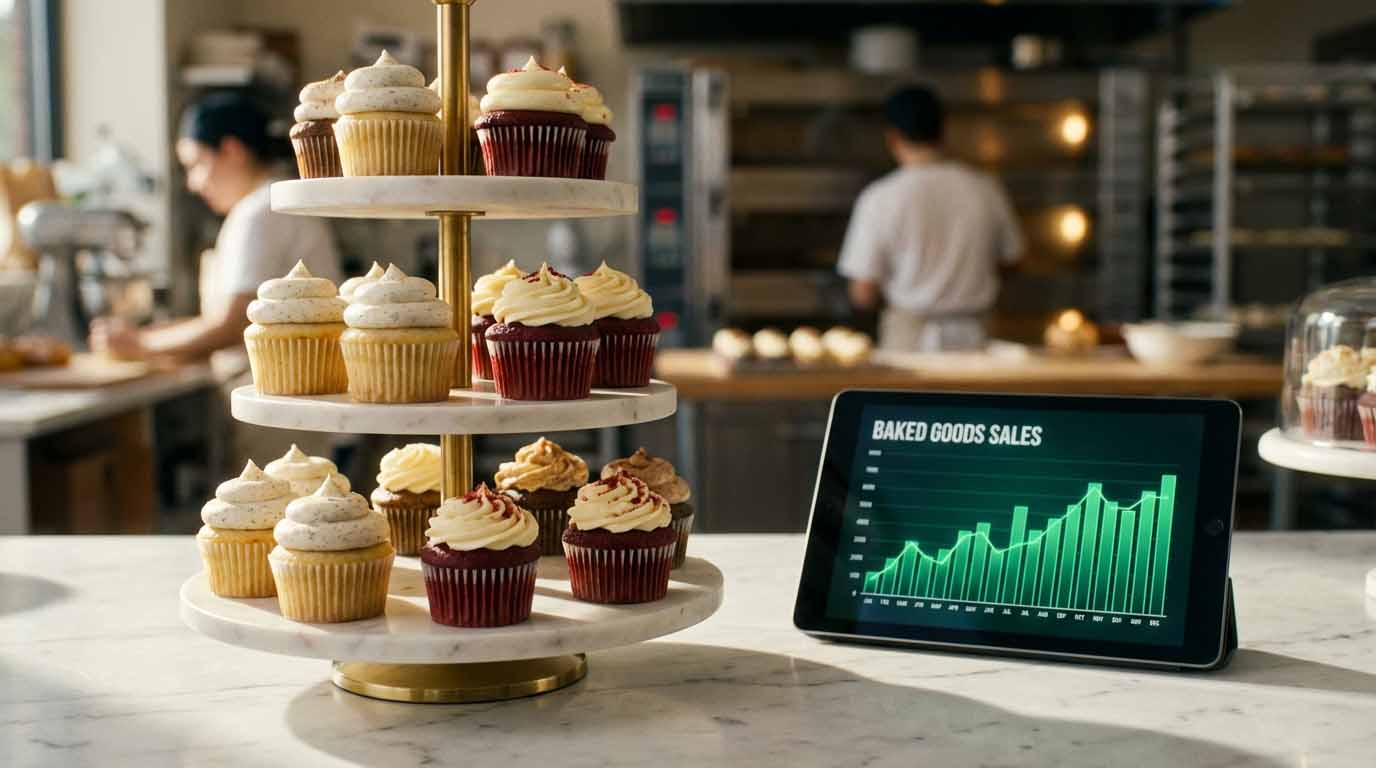 Tablet showing a rising sales graph next to a tiered stand of best-selling cupcakes on a marble counter, illustrating how to use ChatGPT for bakery sales data analysis.