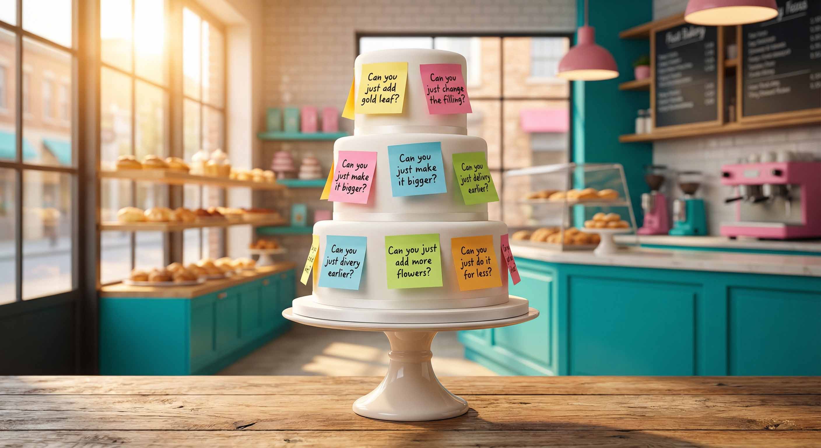 A professional white tiered cake covered in colorful sticky notes with customer requests, illustrating the impact of bakery customization costs on profit margins.