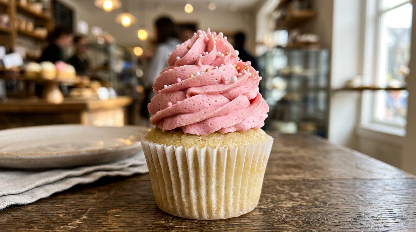 Close-up of a jumbo cupcake with tall pink layered buttercream frosting, used to illustrate decorated height for cupcake container dome height selection.