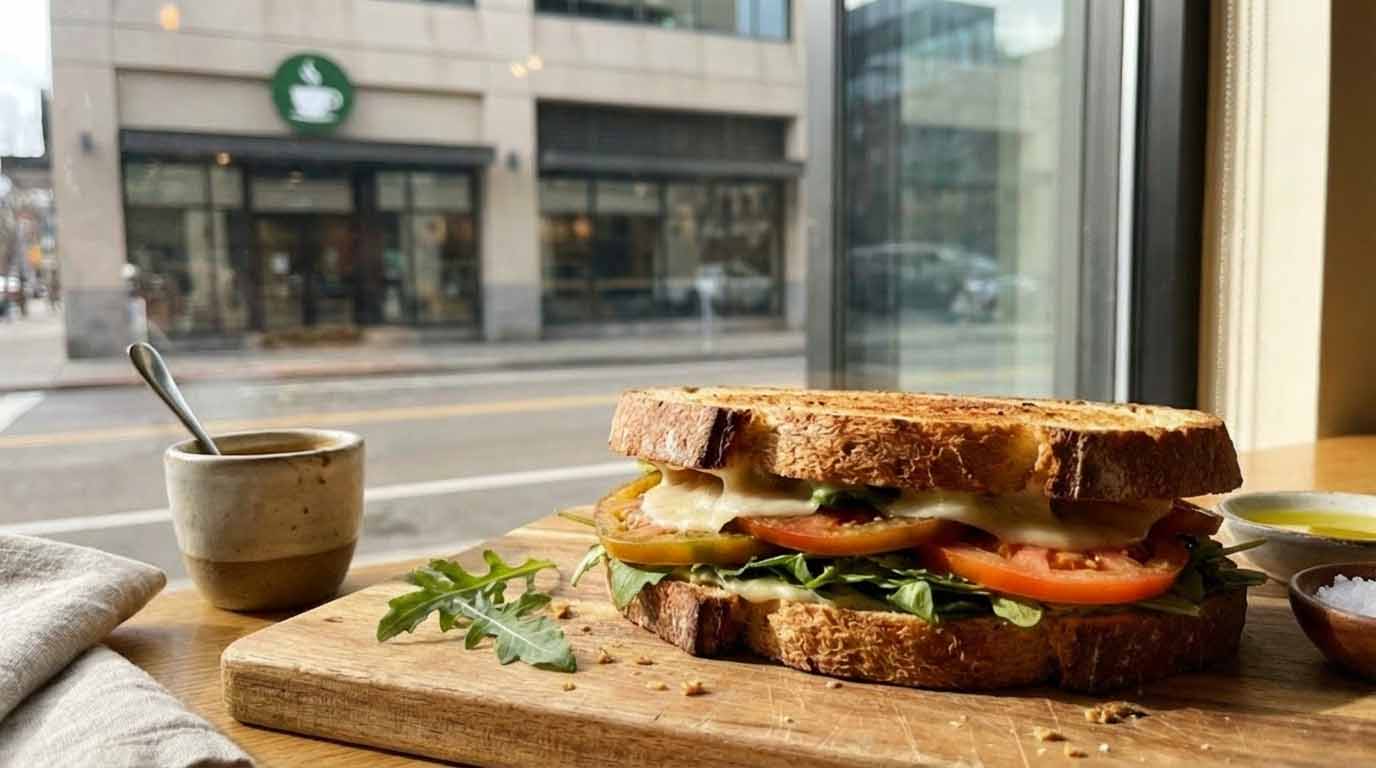 Artisan sandwich on rustic bread in a local café, showing the in-store experience independent restaurants use to compete with big chains