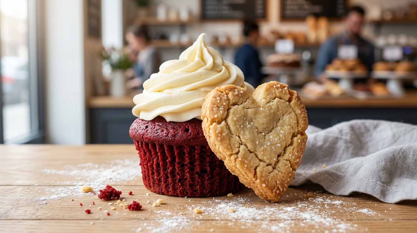 Professional red velvet cupcake and heart-shaped sugar cookie on a bakery counter, demonstrating profitable bakery marketing ideas for Valentine's Day.