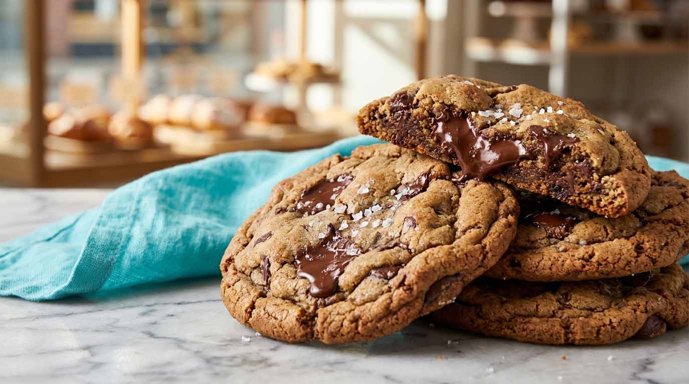 Gourmet sea salt chocolate chip cookies with gooey chocolate centers on a marble counter, a signature offering for a successful bakery marketing plan.
