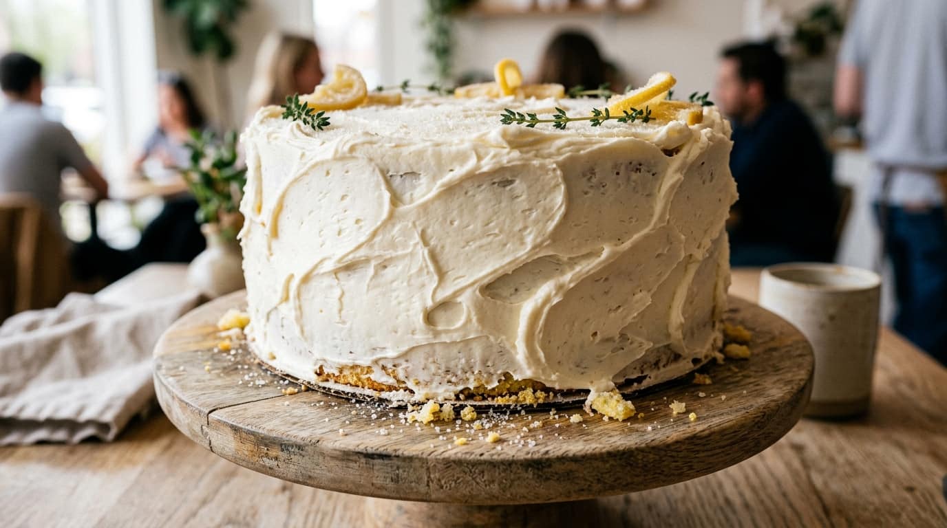 Professional two-layer round cake with thick white buttercream frosting, demonstrating why finished cake dimensions are wider than pan sizes for container fit.