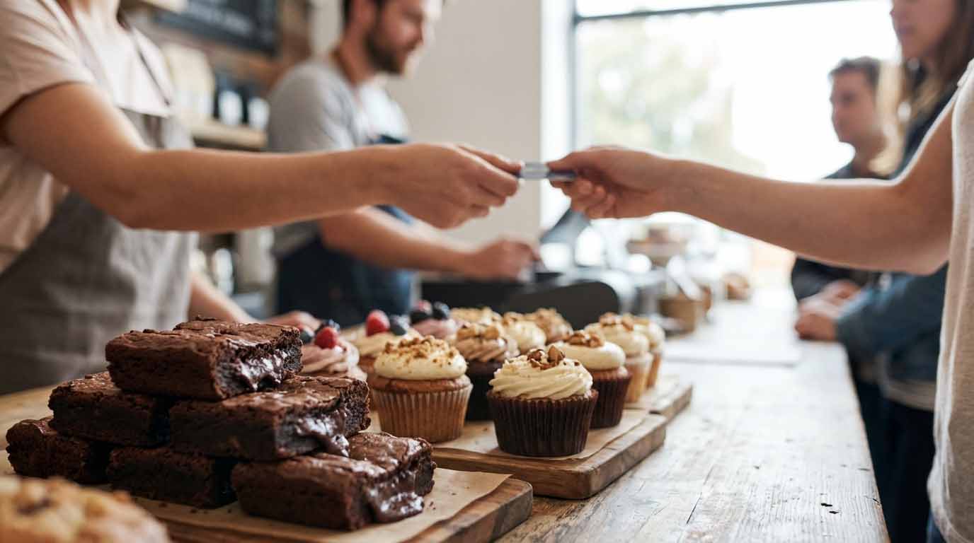 Credit card processing terminal and bakery counter illustrating strategies to reduce credit card transaction fees for bakeries in 2026