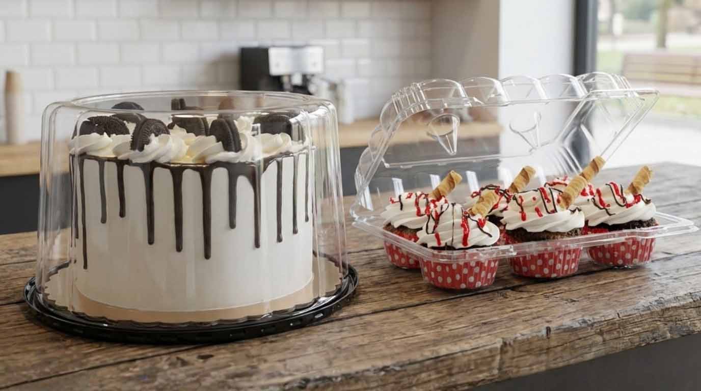 Professional bakery packaging for sale featuring a clear 6-count cupcake clamshell and a drip cake in a PET plastic dome on a rustic wooden counter.