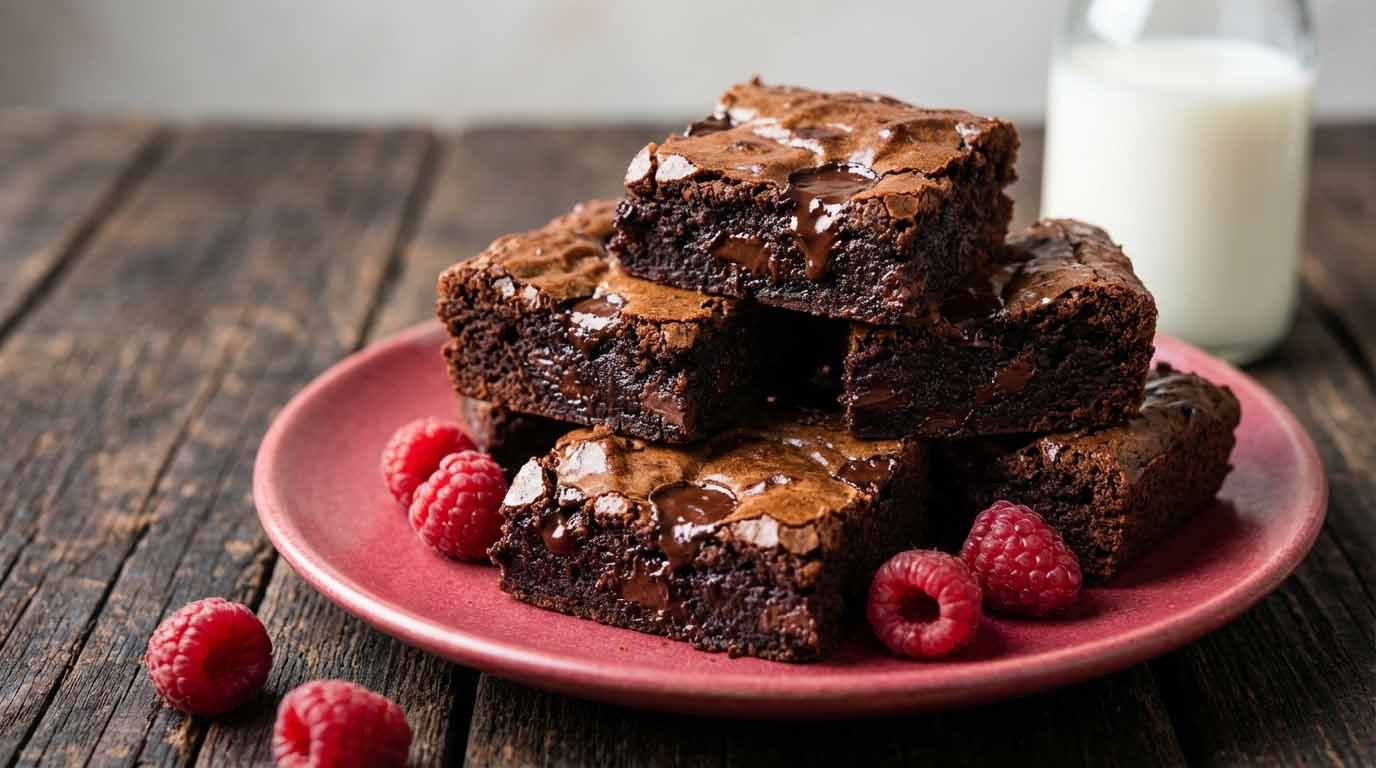 ndulgent fudgy chocolate brownies with fresh raspberries on a rustic wooden table, showcasing a professional product for an aspiring home bakery business.