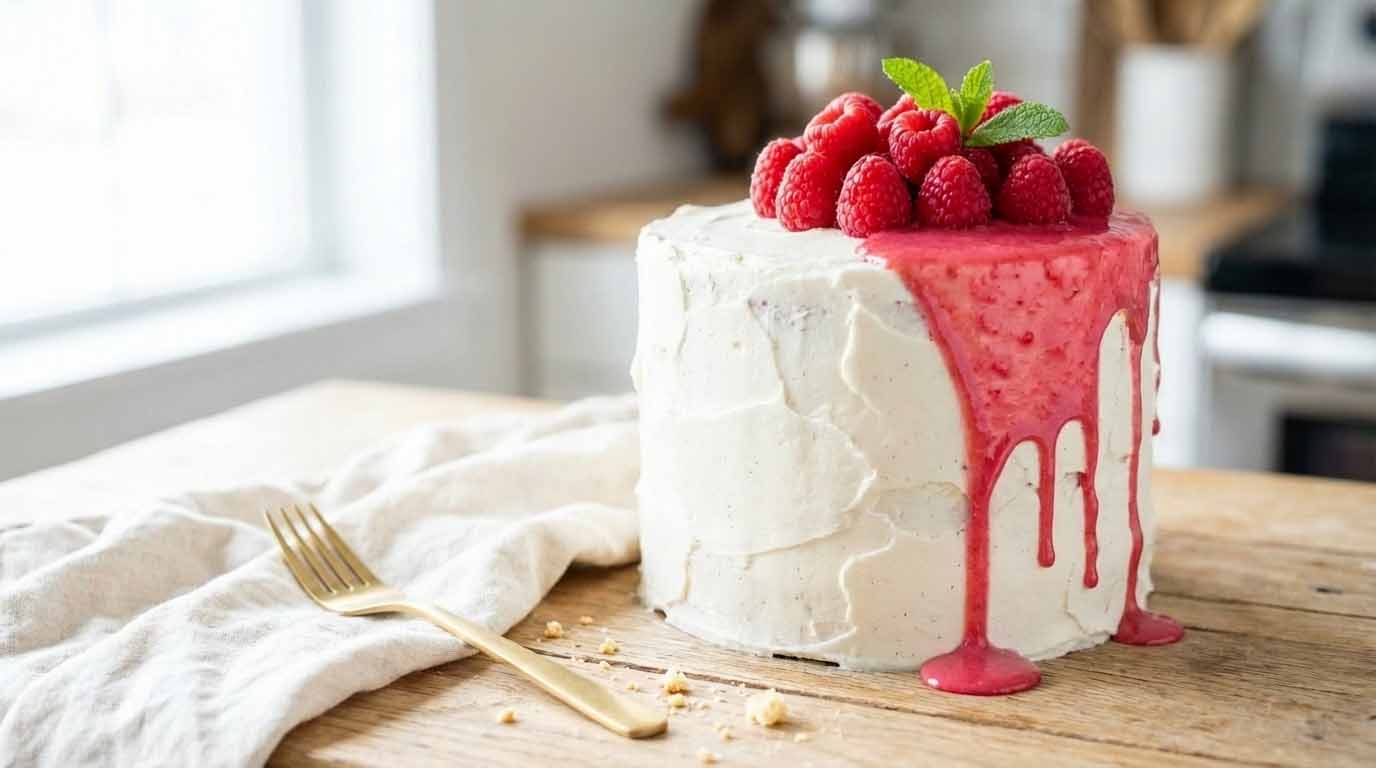 Artisan raspberry drip cake on a rustic wooden counter, illustrating the creative passion of a professional baker for a guide on overcoming bakery owner burnout.