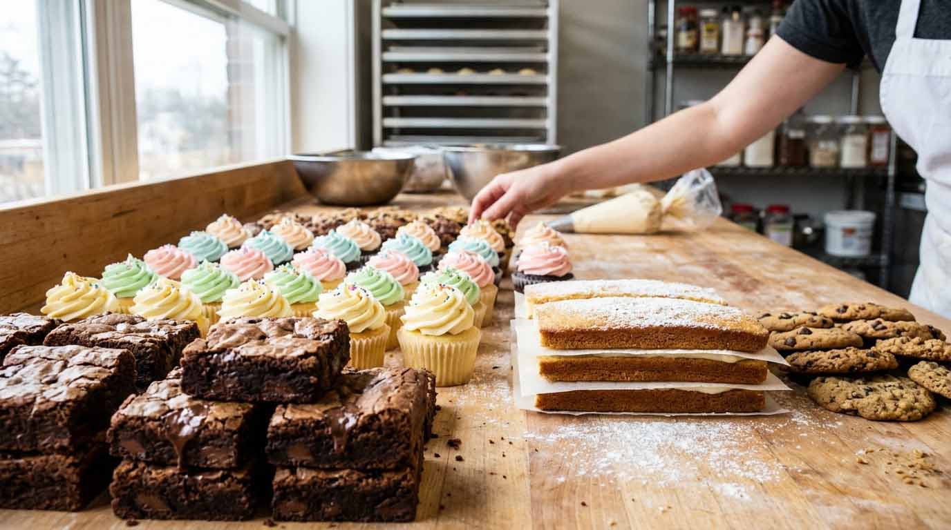 Small bakery catering prep with assorted desserts on a worktable, including frosted cupcakes, stacked brownies, sheet cake layers, and cookies, as a baker prepares bulk orders for events and corporate catering.