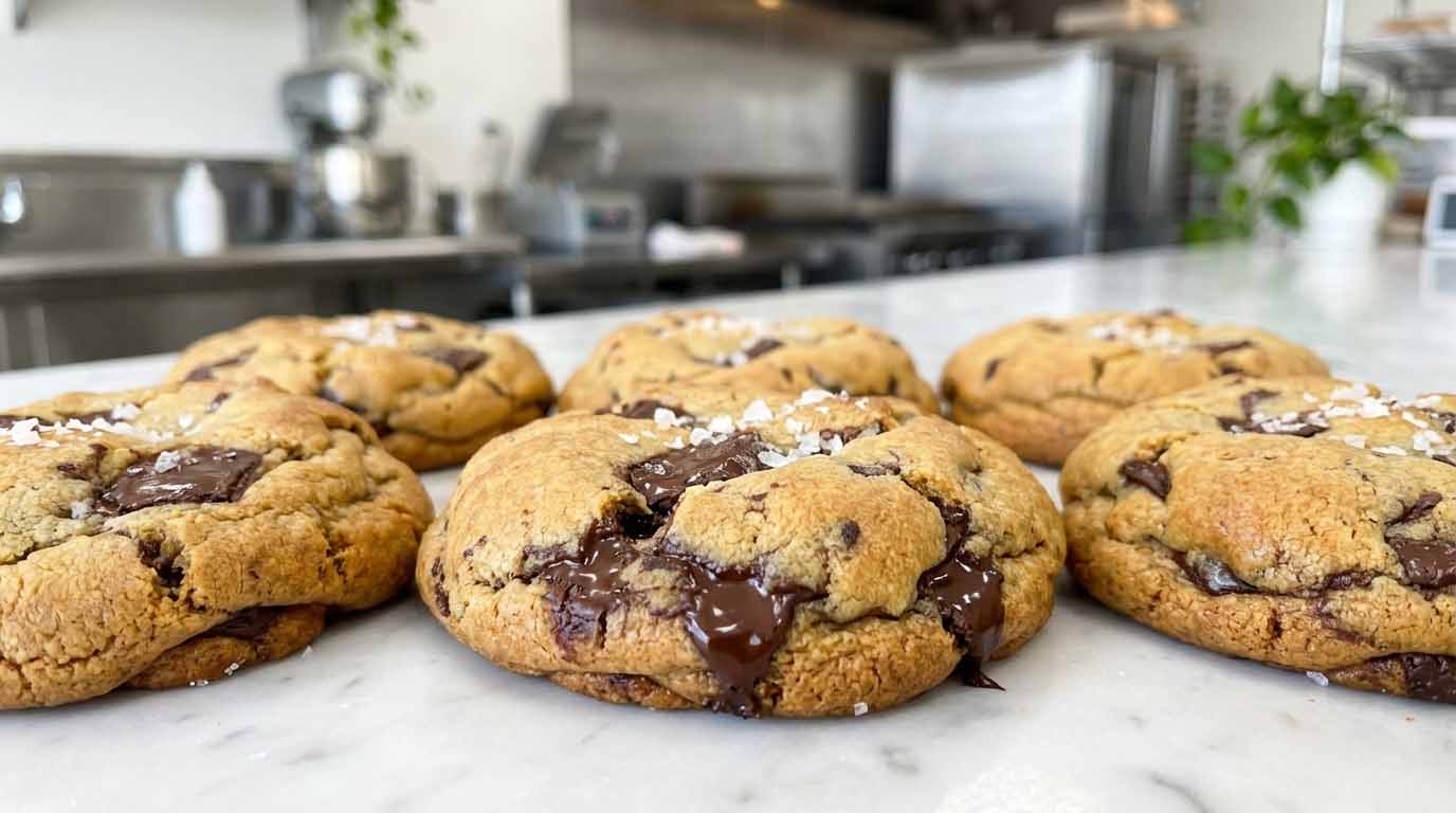 Gourmet thick chocolate chip cookies with sea salt on a professional bakery counter illustrating wholesale bakery license requirements