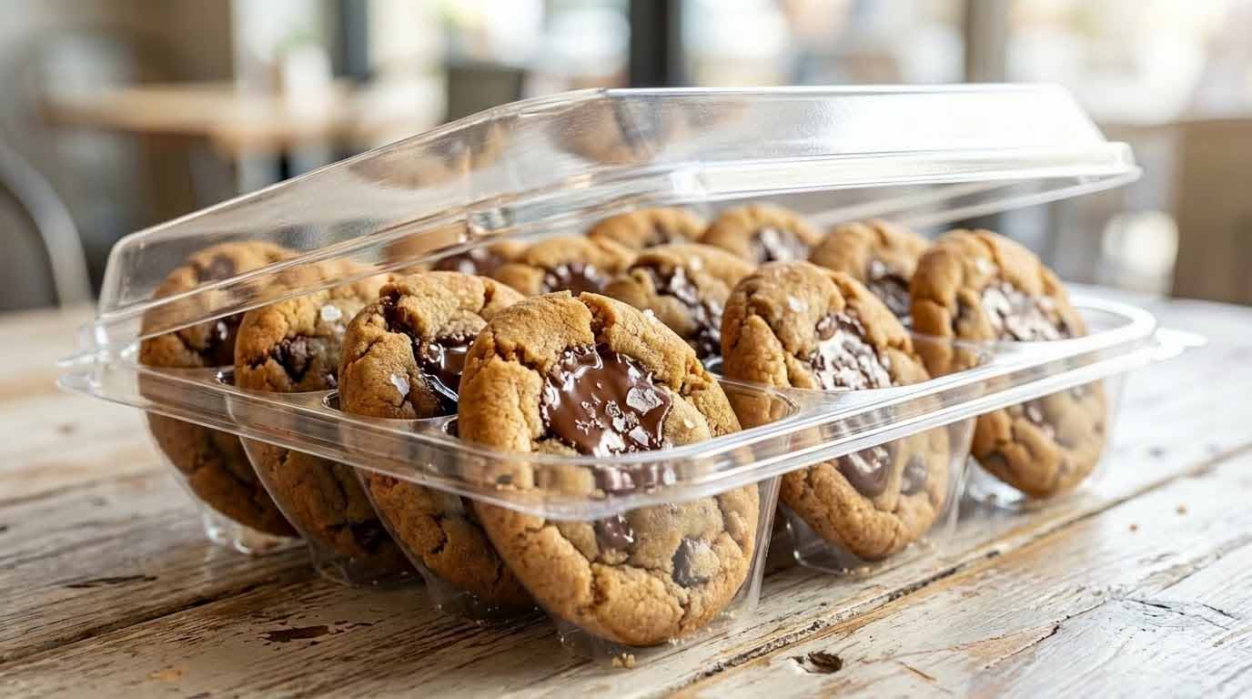 Close-up of artisanal chocolate chip cookies in a professional clear PET plastic bakery clamshell, illustrating how to start a bakery subscription box with high-clarity packaging.