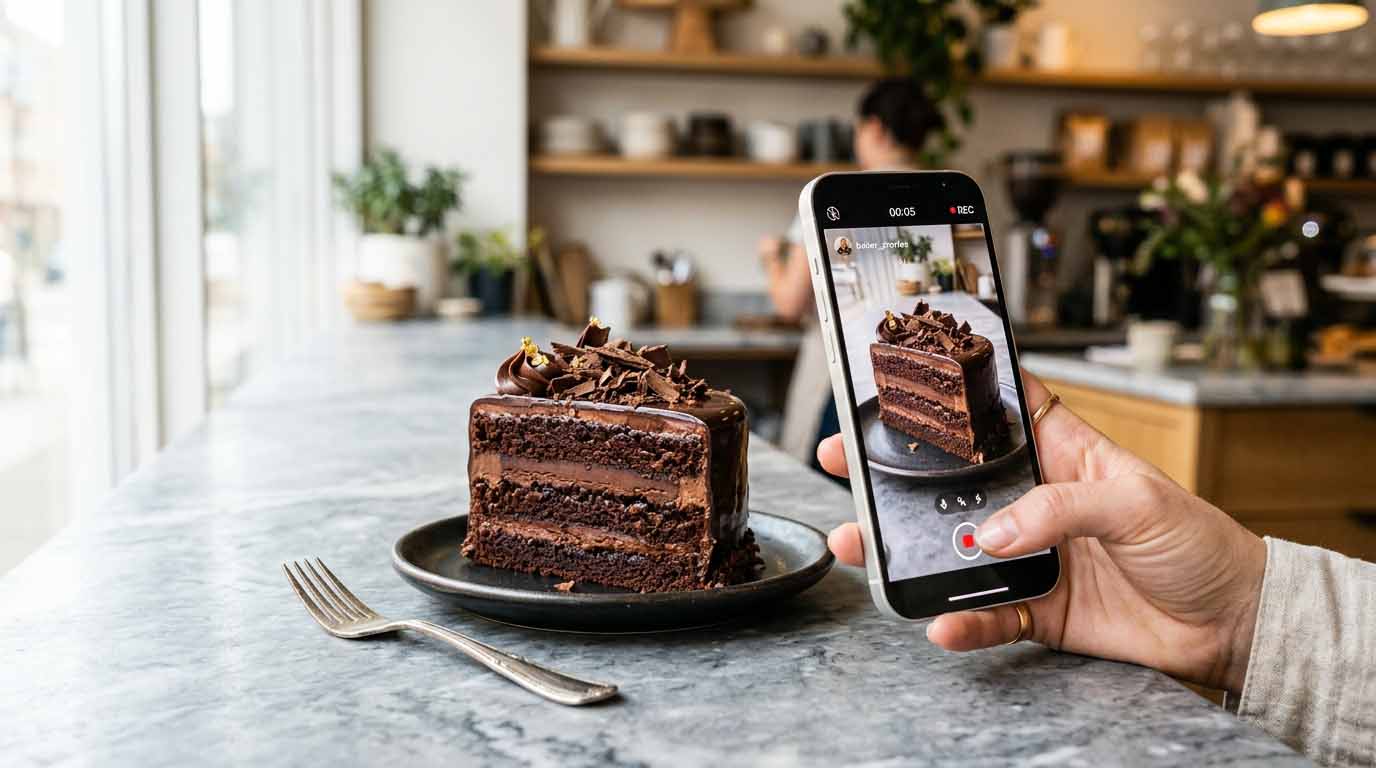 High-contrast close-up of a chocolate layer cake being filmed for an Instagram Reel in a modern bakery setting with natural light.