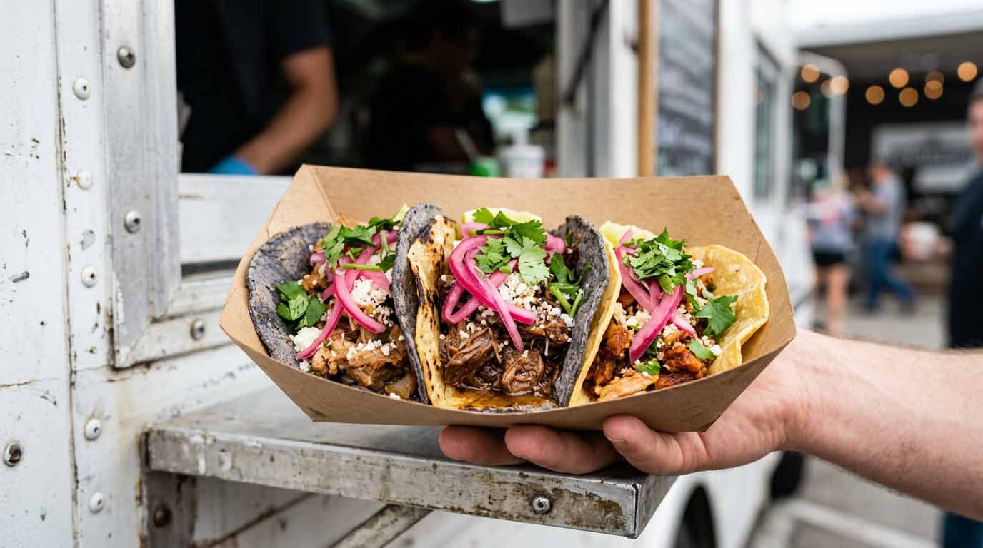 Hand receiving three street tacos with pickled red onions and cilantro in a kraft paper tray passed through a food truck service window at an outdoor market