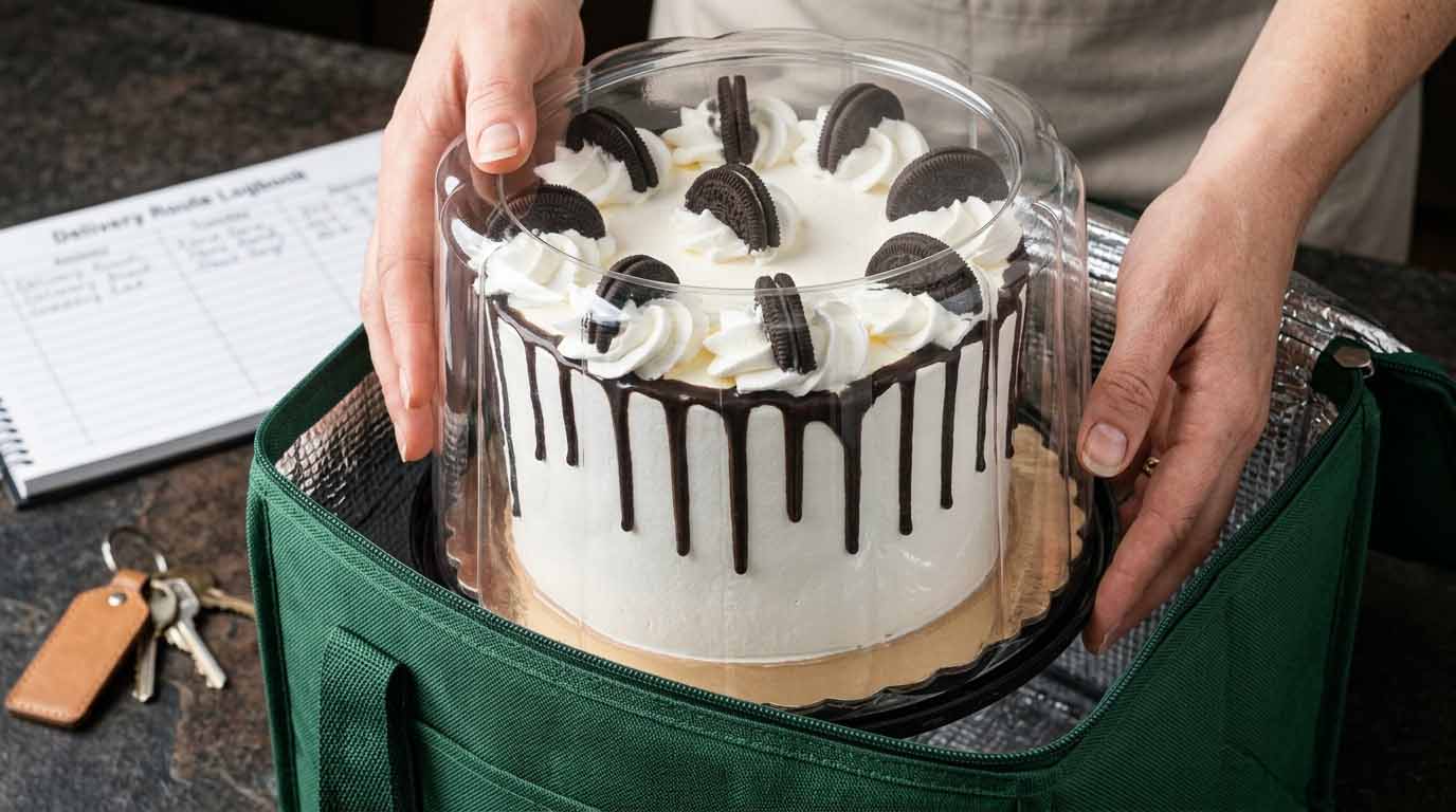 A professional baker placing a chocolate drip cake in a clear plastic cake dome container into an insulated green delivery bag, demonstrating the professional logistics of a bakery delivery fee.