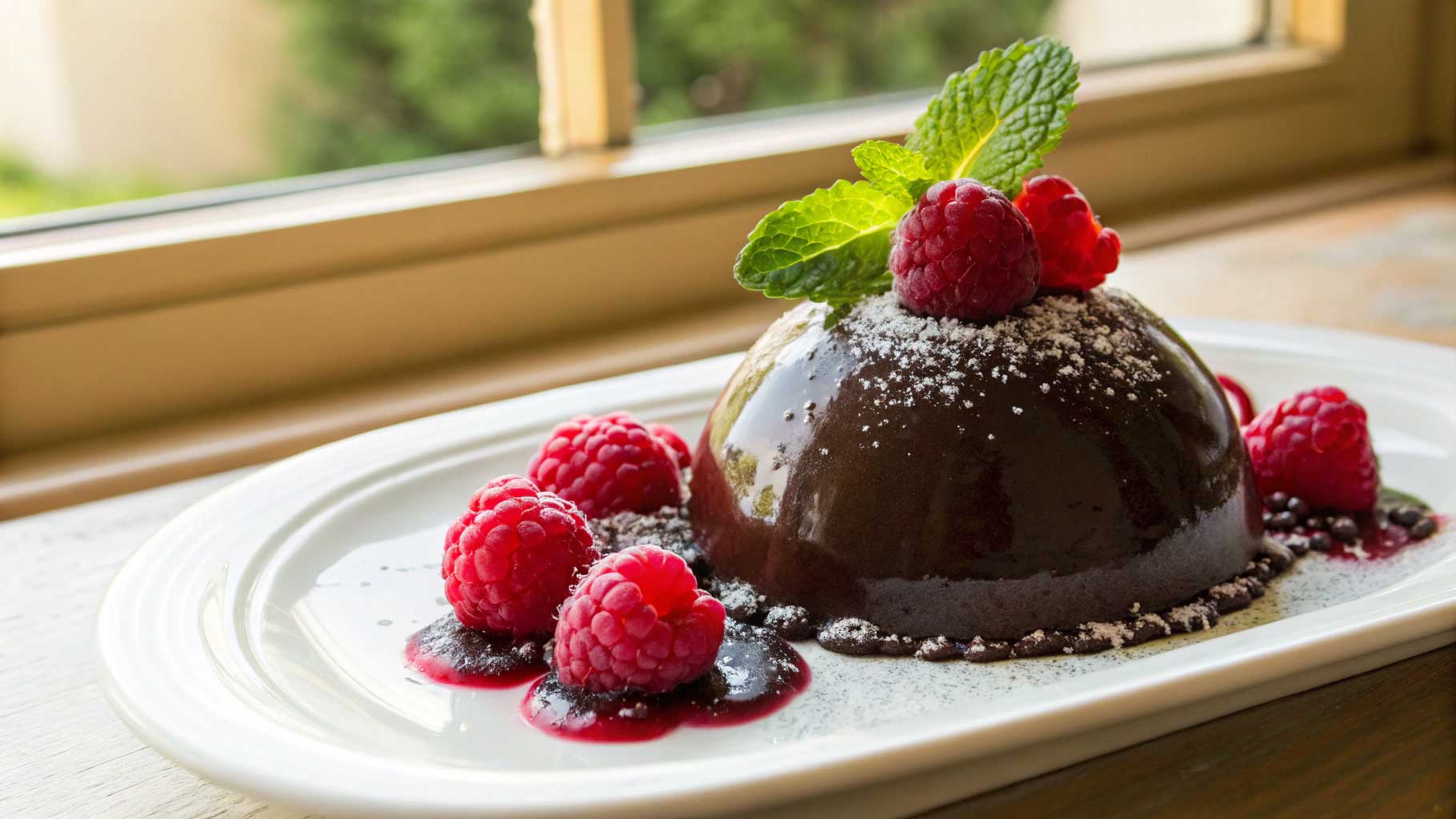 An instagramable glossy chocolate mousse dome