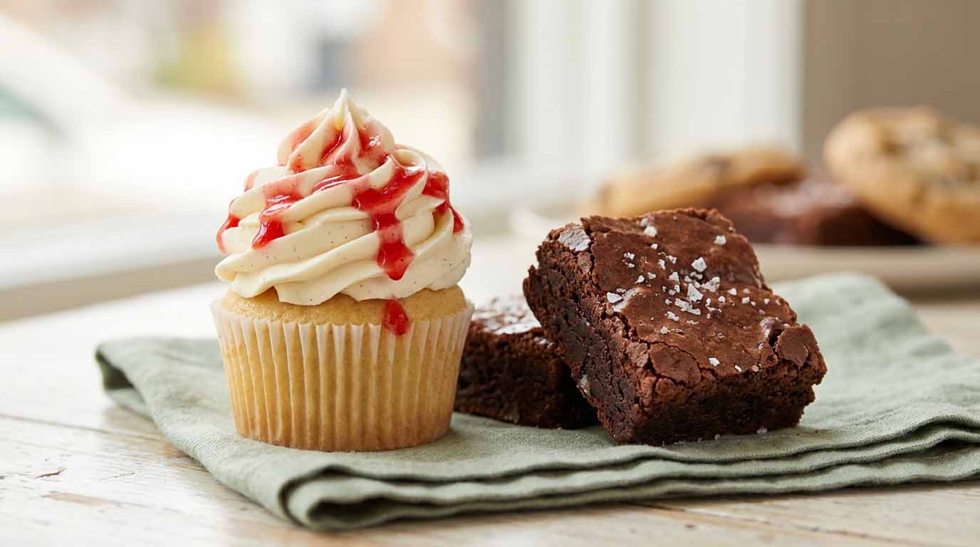 Artisan vanilla cupcake with strawberry drizzle next to a fudgy sea-salt brownie on a rustic wood counter, illustrating profitable bakery menu choices.