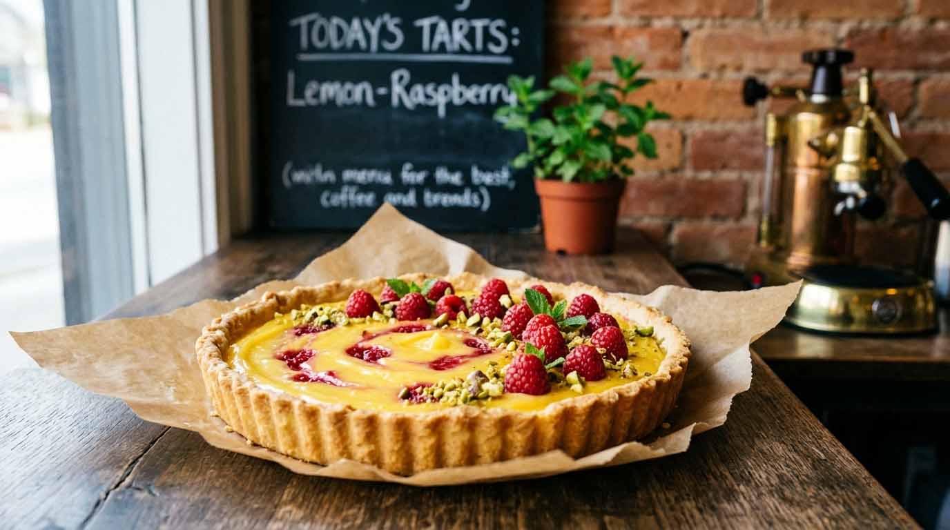 Artisanal lemon-raspberry tarts on a wooden bakery counter next to a chalkboard menu, illustrating a successful bakery loyalty program strategy.