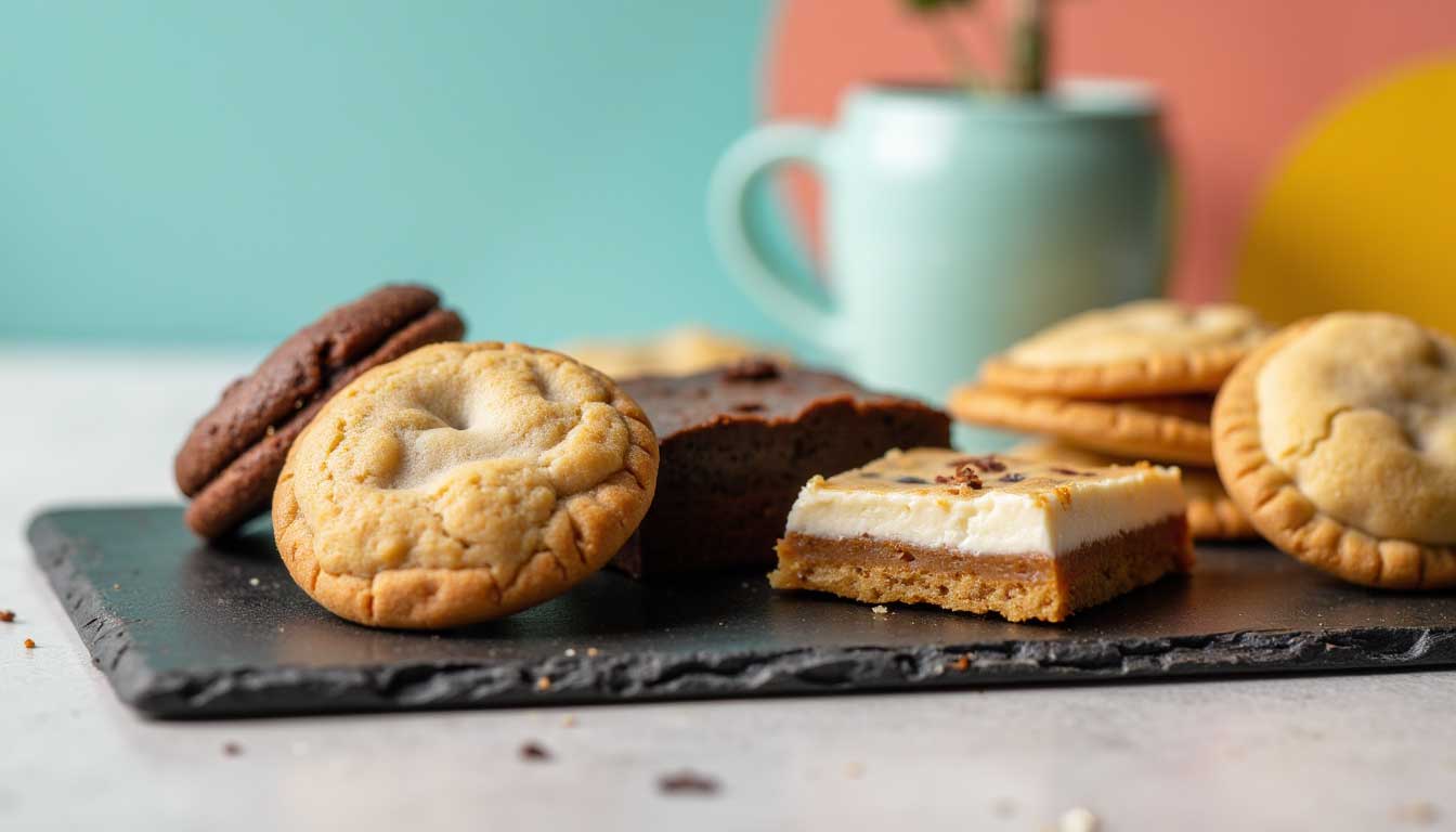 Close-up of decadent grab-and-go desserts including cookies, a brownie, a layered cookie bar, and hand pies arranged on a slate platter with a bright, modern pastel background.