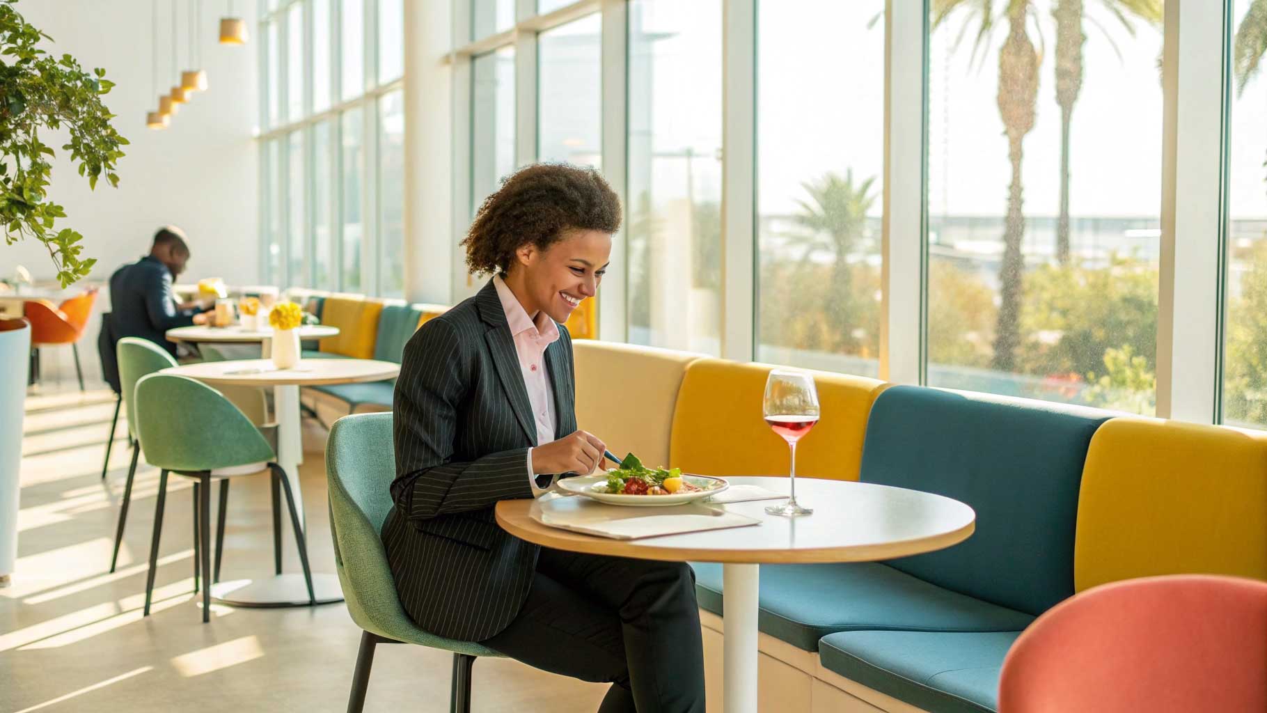 Solo diner enjoying a meal with wine in a bright modern restaurant